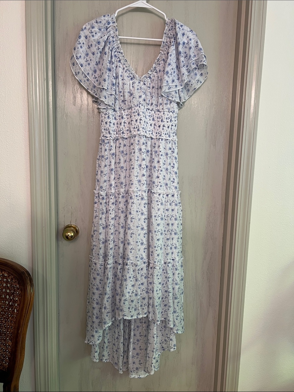 Altar'd State Blue Floral High-Low Maxi Dress with Ruffle Sleeves